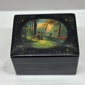 Vintage Miniature Russian Black Lacquer Decorative Box Bears in Forest Scene